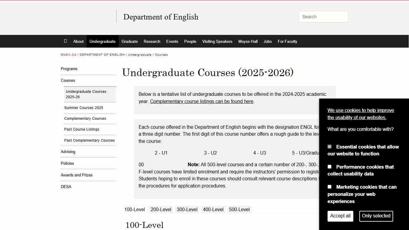 Undergraduate Courses (2025-2026) | Department of English - McGill University